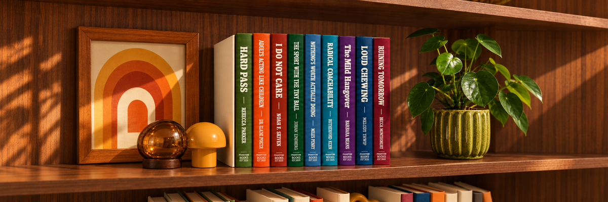 Wide retro walnut bookshelf with nine Phantom Books, amber glass and vintage ceramic planter