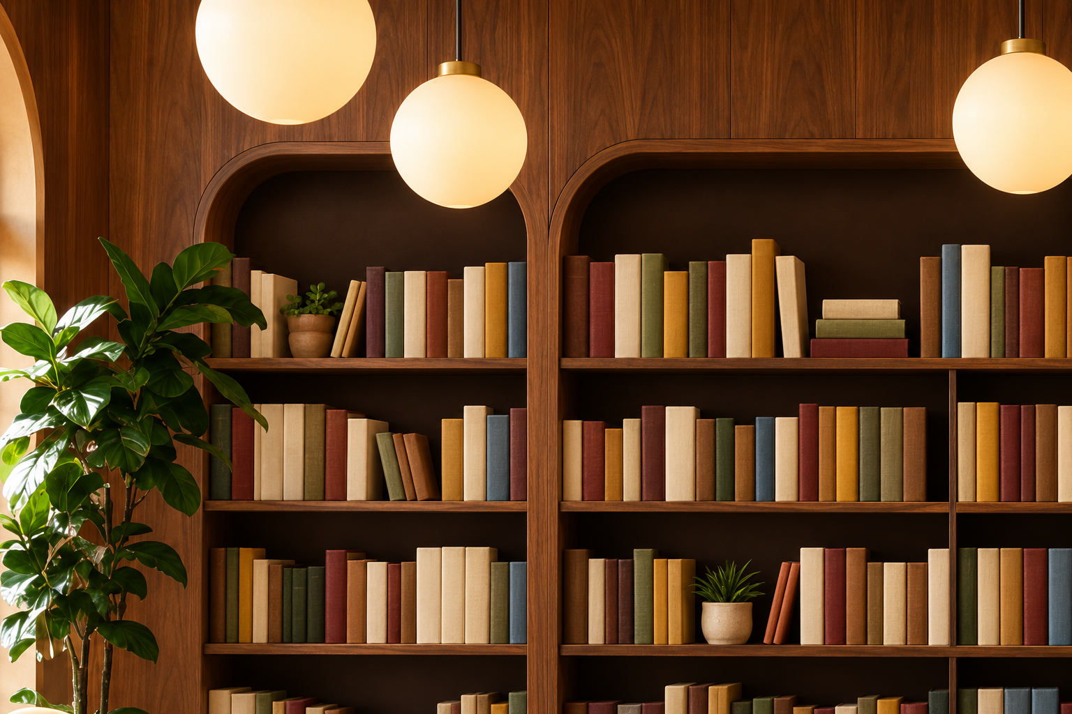 Walnut arched bookshelves with blank cream and muted vintage book spines, warm globe lights and a leafy plant.